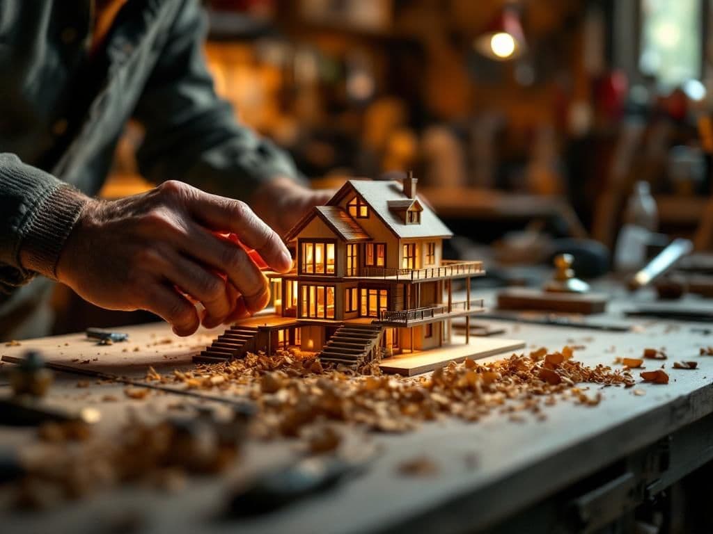 Craftsman carefully assembling a detailed model house in a warm workshop — representing the handcrafted approach to building practice management systems