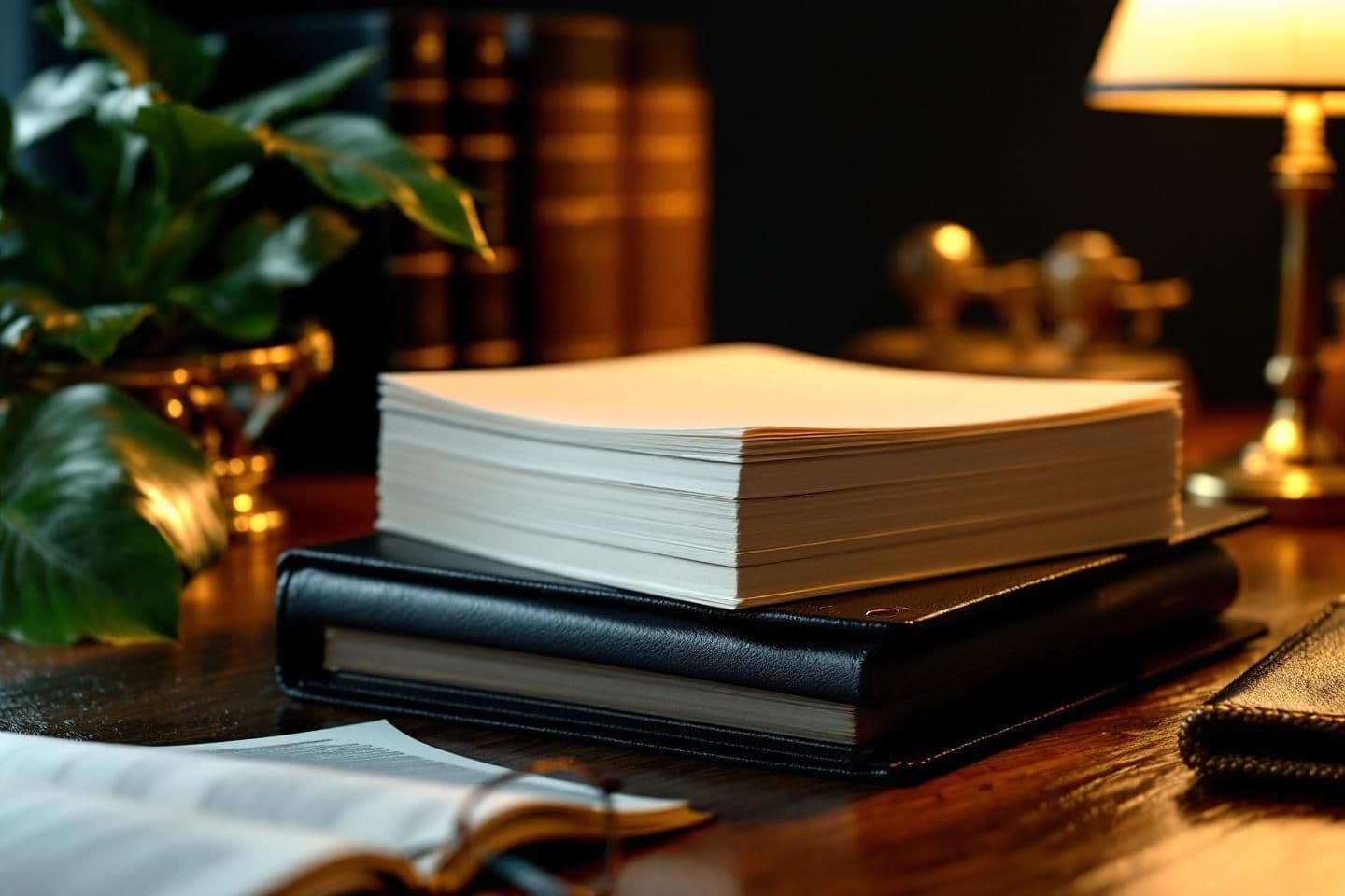 Legal documents in a leather portfolio on a walnut desk — the professional environment estate planning attorneys build for their clients