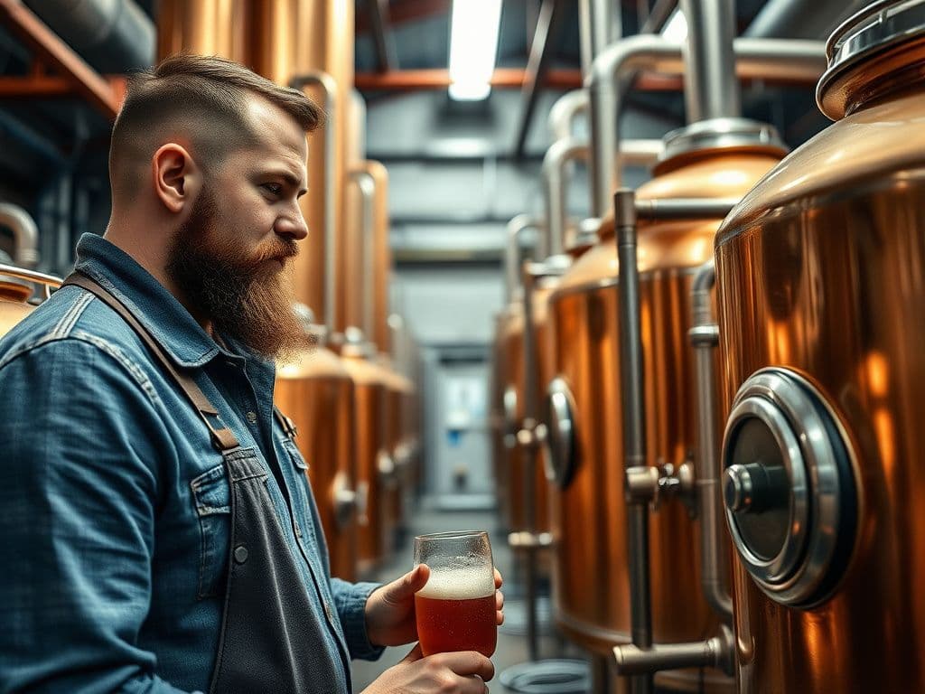 Head brewer standing in front of fermentation tanks — warm overhead light, industrial space, approachable posture