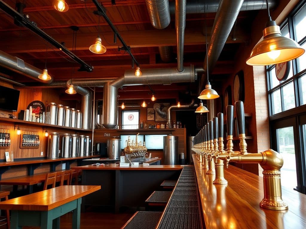 Craft brewery taproom interior, wooden bar with brass taps, warm lighting, industrial decor, Pacific Northwest brewery aesthetic
