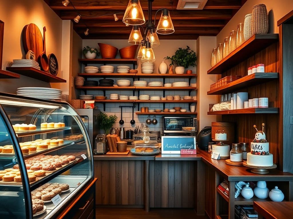 Artisan bakery interior with warm lighting, display case full of pastries and custom cakes, rustic wood shelves, cozy atmosphere