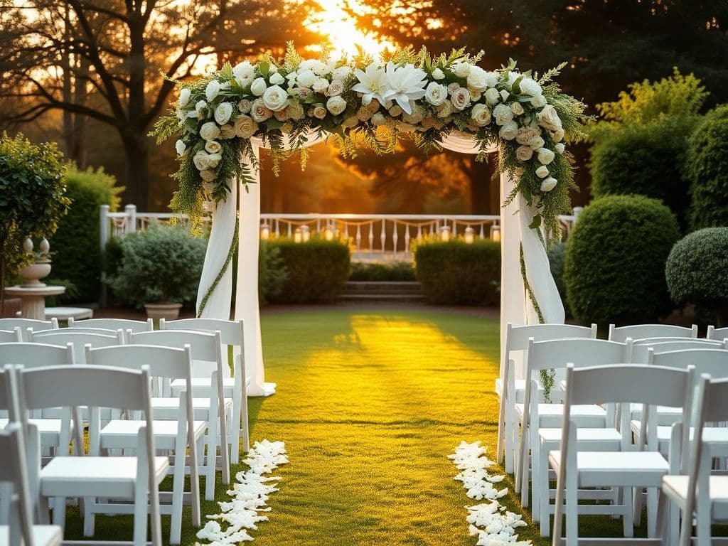 Elegant outdoor wedding ceremony setup, white chairs and floral arch, garden venue, golden hour lighting
