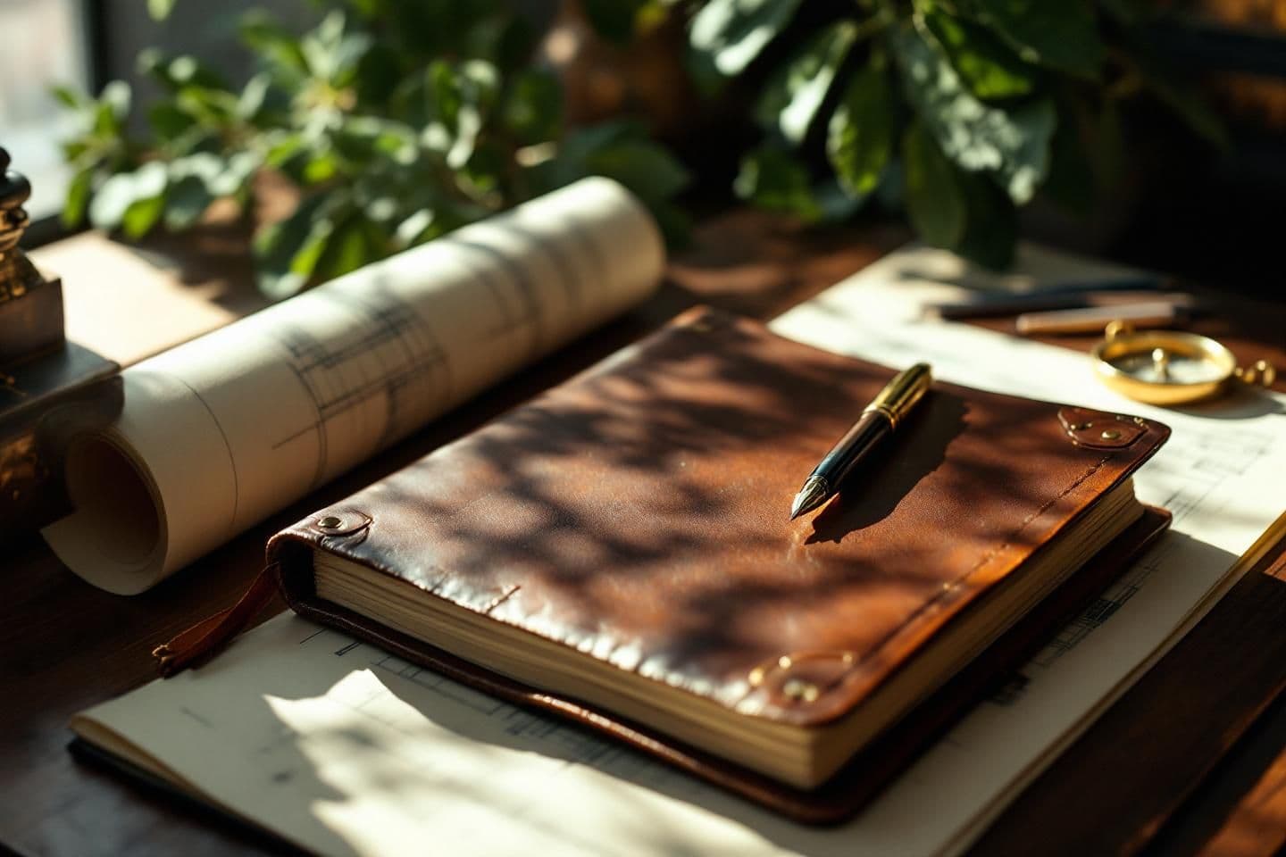 Craftsman's desk with architectural blueprints and leather portfolio — representing the intentional, handcrafted approach to building attorney practice management systems