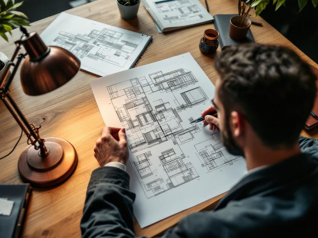 Architect reviewing blueprints at a warm oak desk with copper lamp — representing transparent, carefully planned pricing
