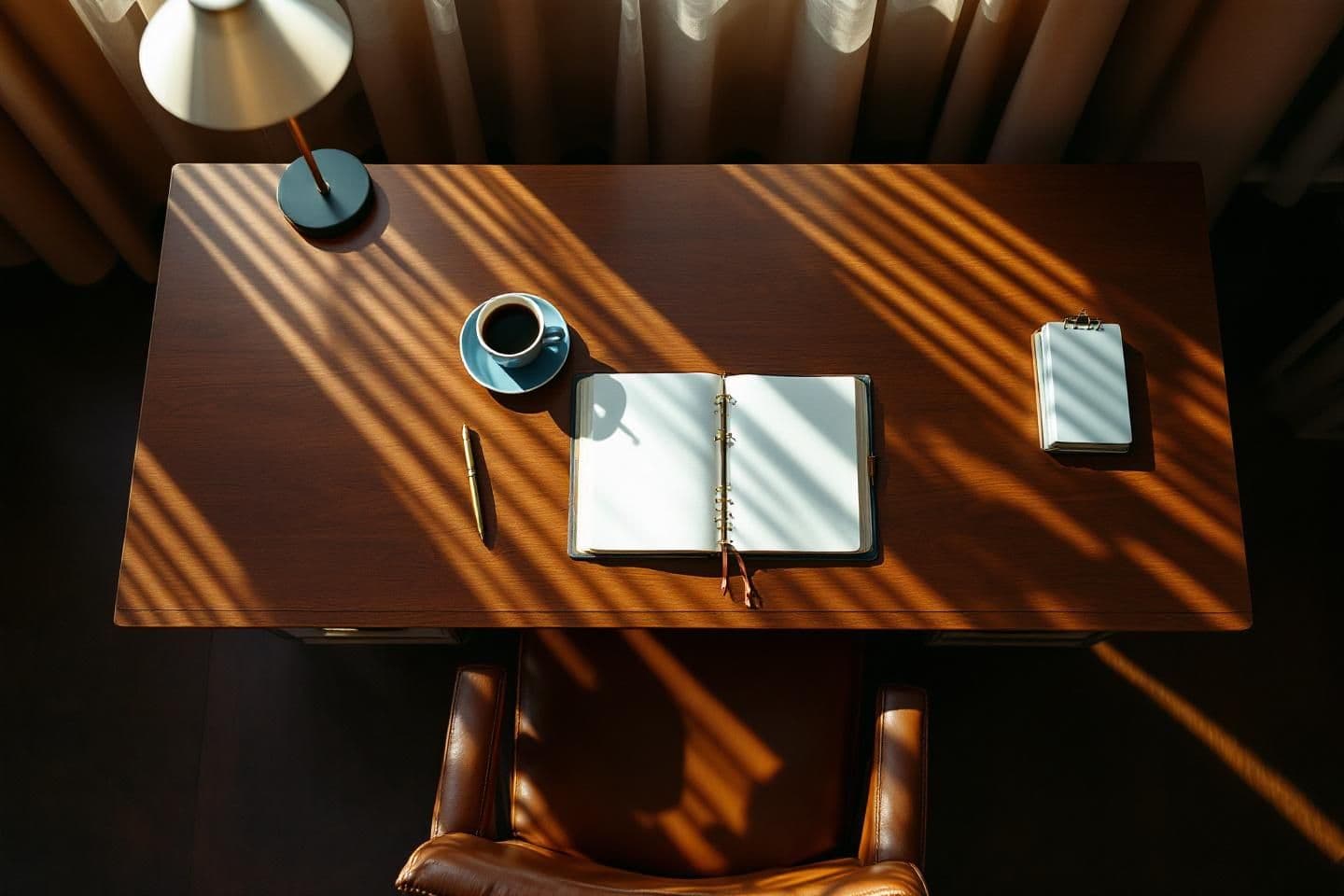 A single leather chair at a well-organized desk — one person, one practice, everything connected