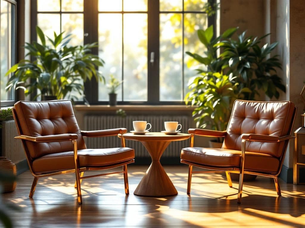 Two leather chairs facing each other across a small table with coffee cups in morning sunlight — an invitation to begin a conversation